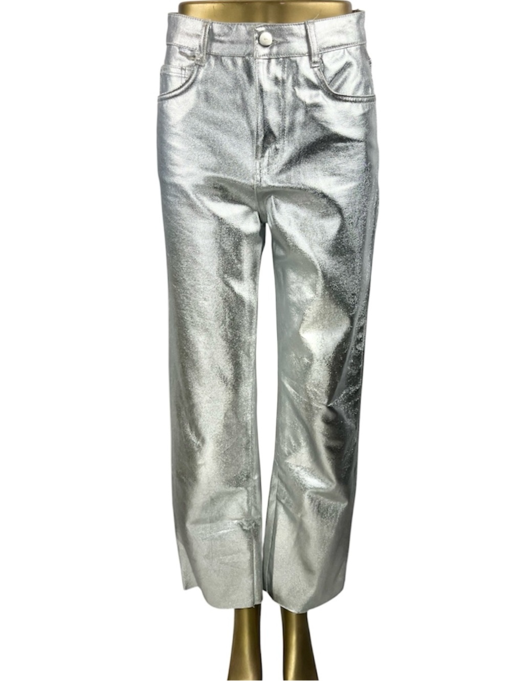 Zara Silver Metallic Foil Jeans Raw Hem Straight Leg Size 4 Shimmer Deni